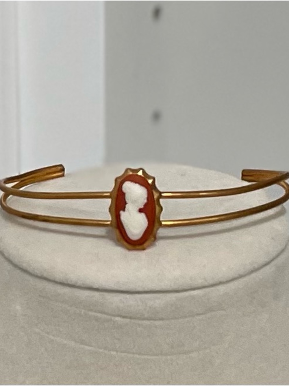 Vintage 1950’s Carnelian Cameo Brass Cuff Bracelet Victorian Cottagecore Grandma